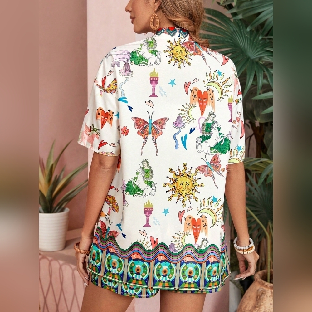 Summer Mushroom Print Front Open Jacket And Elastic Waist Shorts Music Festival - Picture 2 of 5